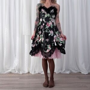 Vintage Loralie Black Floral Lace Midi Dress Pink Lace Trim Size 4